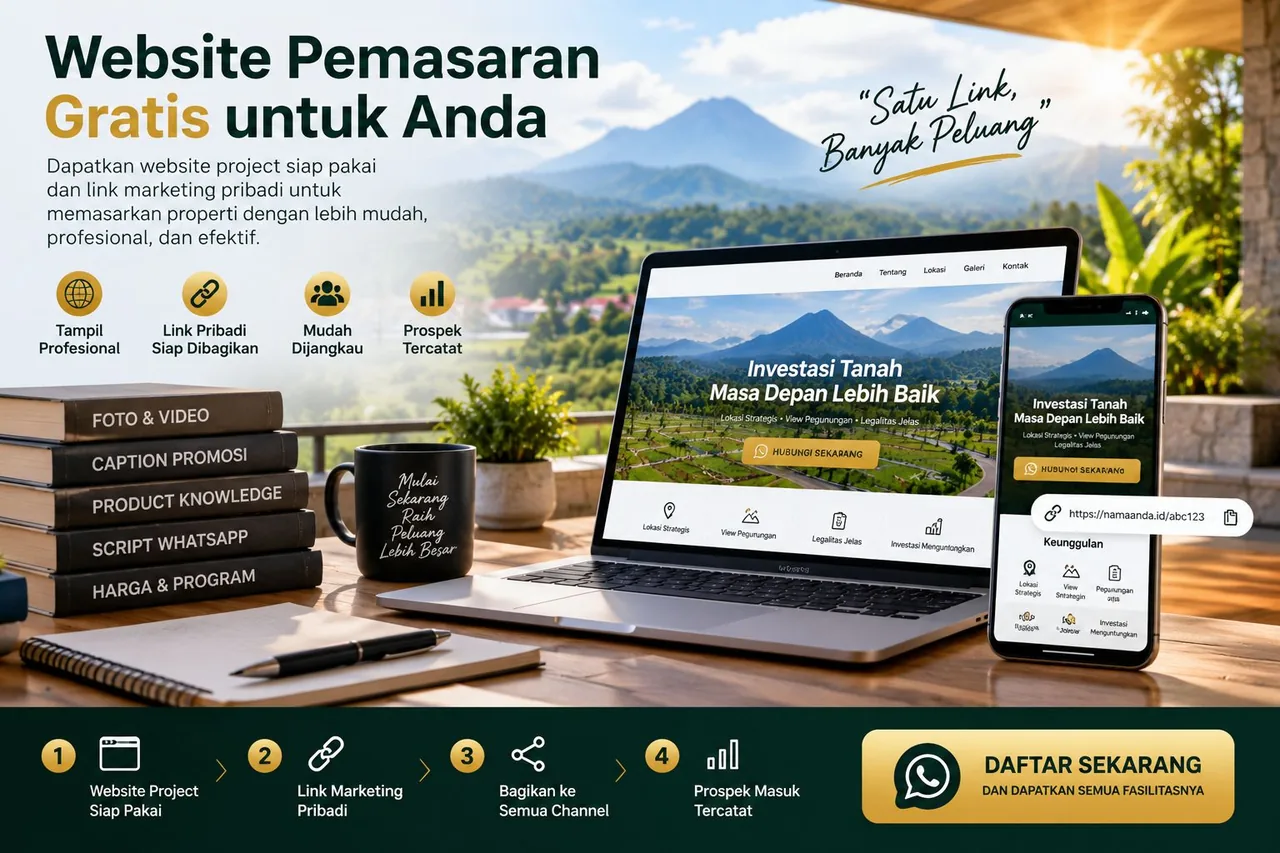 Ilustrasi Marketing Properti menggunakan jaringan digital dan halaman Project untuk membangun prospek.