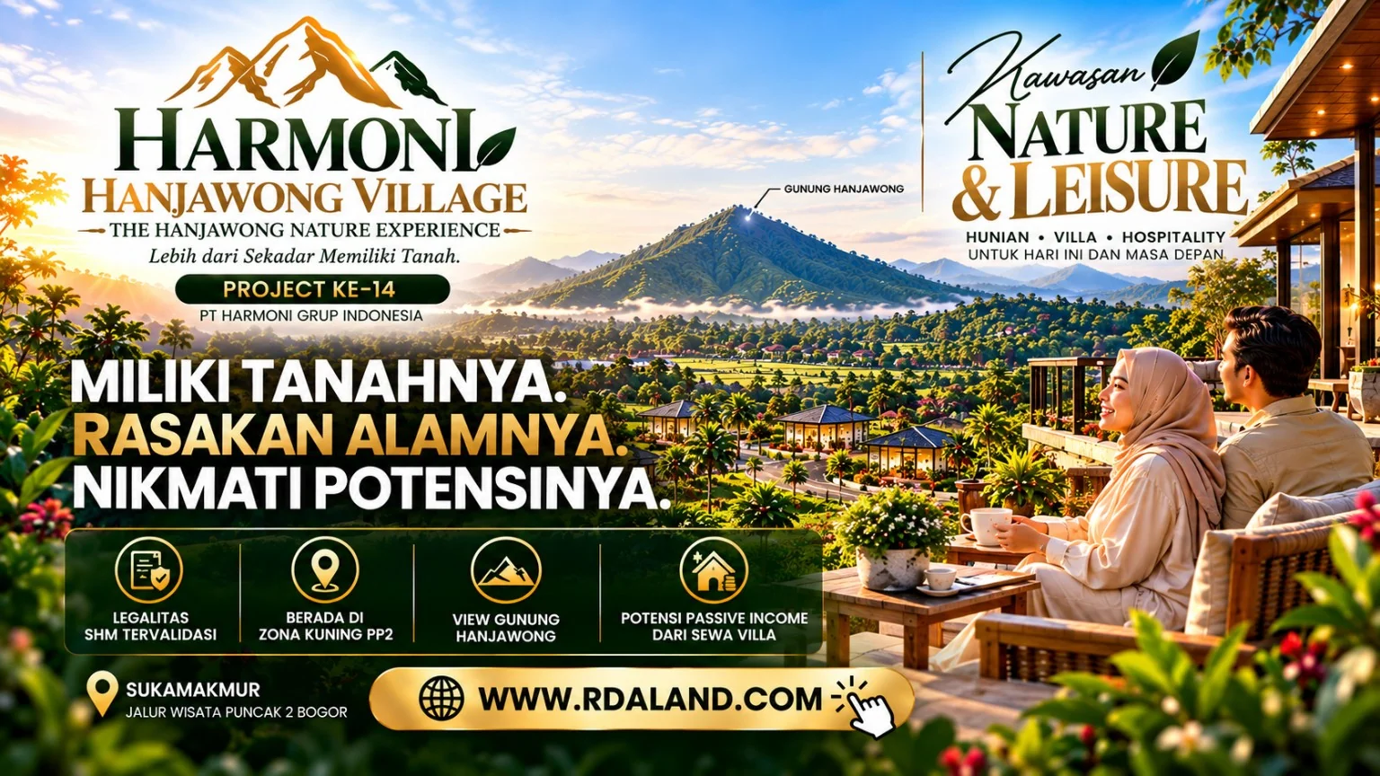 Ilustrasi hero kavling Harmoni Hanjawong Village dengan villa, pasangan dan panorama Gunung Hanjawong