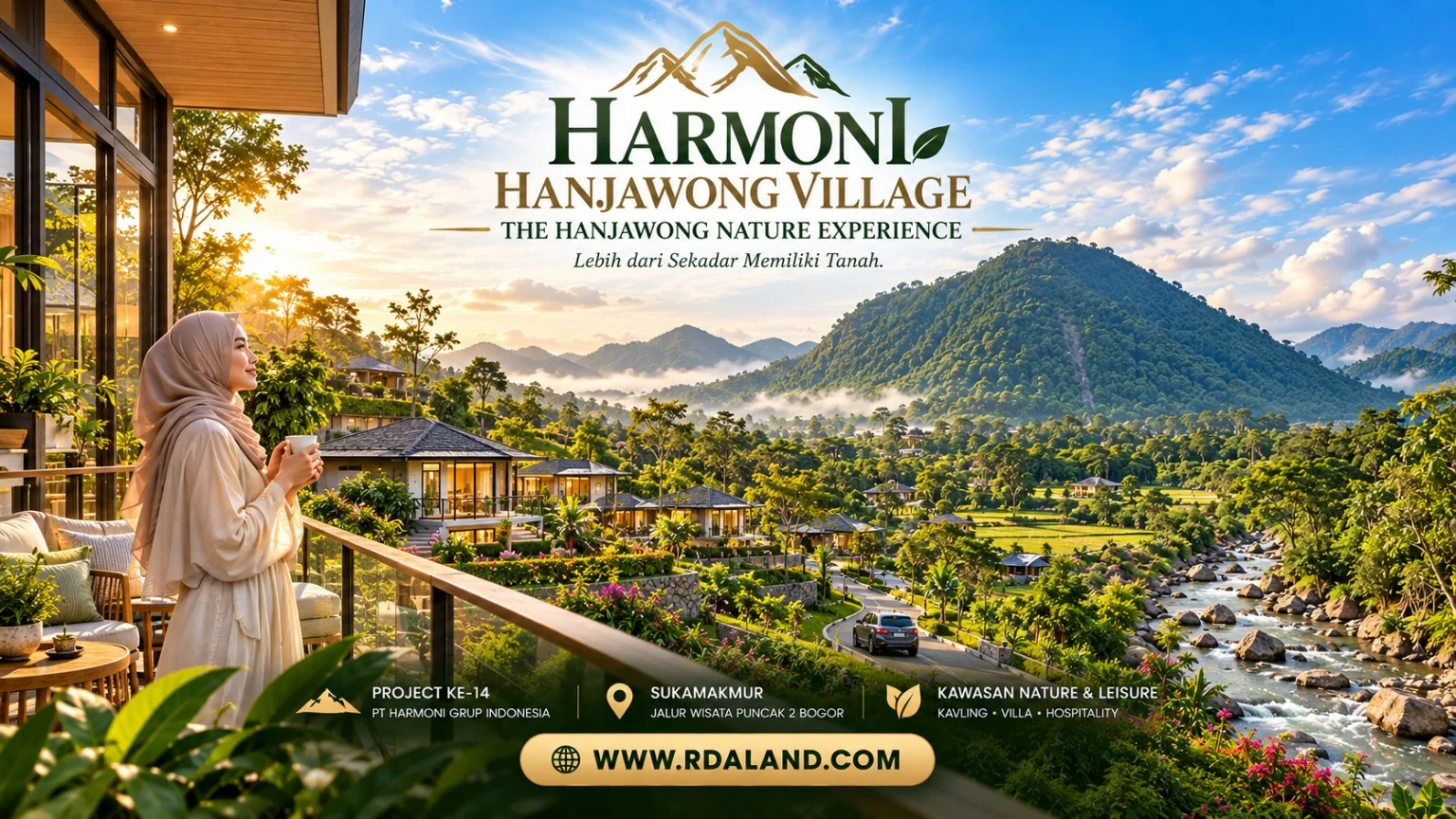 Ilustrasi blok Riverside Hanjawong dengan aliran sungai, villa dan wanita berhijab menikmati view