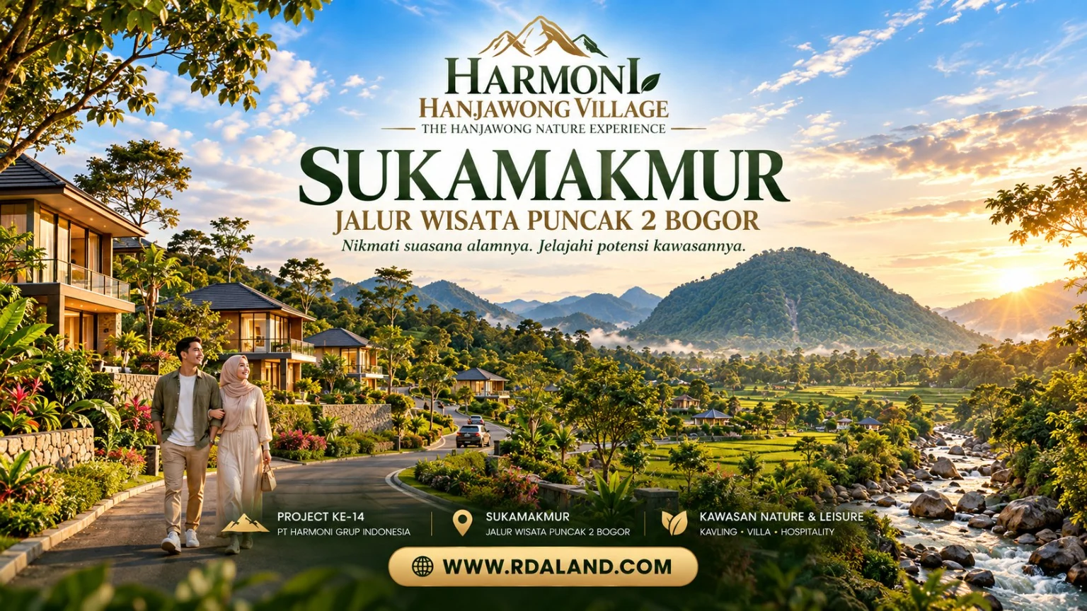 Ilustrasi lokasi kavling Sukamakmur jalur Puncak 2 Bogor dengan villa, pasangan dan lanskap Hanjawong