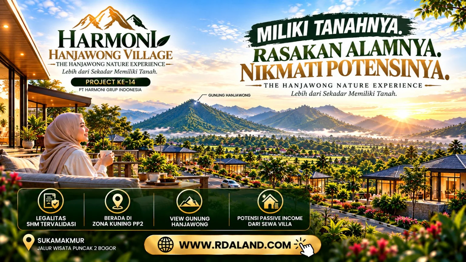 Ilustrasi kunjungan kawasan Harmoni Hanjawong Village dengan villa, gunung dan wanita berhijab